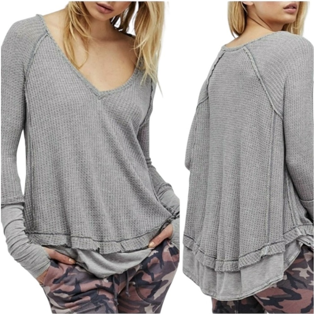 We The Free Shirt Women Medium Gray Oversized Waffle Knit Laguna Thermal Tee